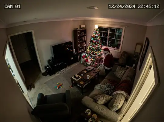 AI Santa video example: Santa caught on a living room security camera