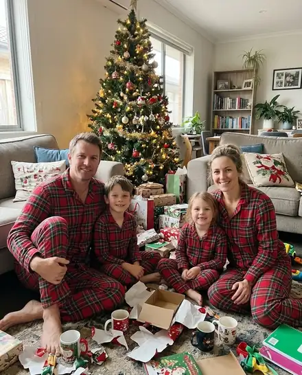 Family of four turned into an AI Christmas photo: Matching Family Pajamas