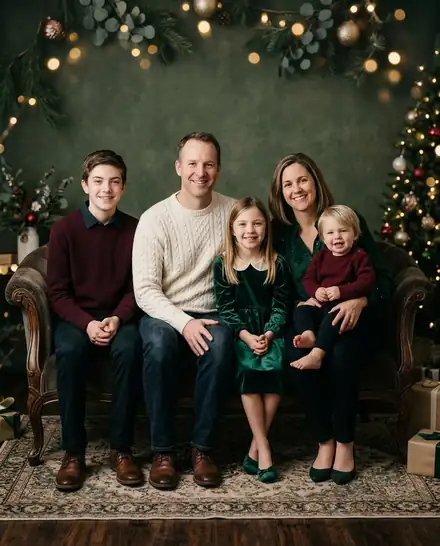 Family of five as an AI Christmas photo, Elegant Holiday Studio