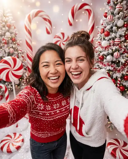 Best friends turned into an AI Christmas photo: Candy Cane Trend
