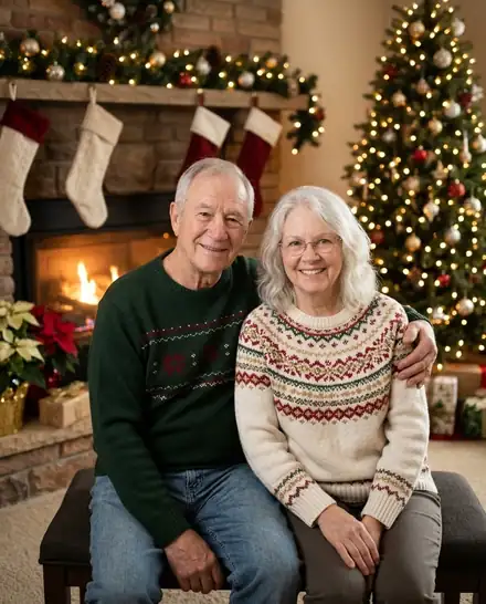 Grandparents turned into an AI Christmas photo: Cozy Fireplace