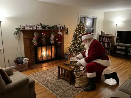 Fireplace room as an AI Christmas photo, Santa Leaving Gifts