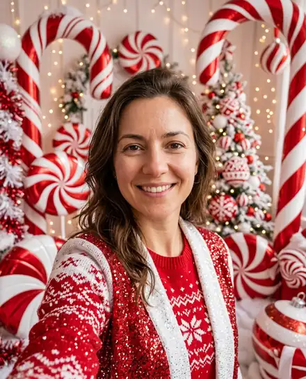 Selfie turned into an AI Christmas photo: Candy Cane Trend